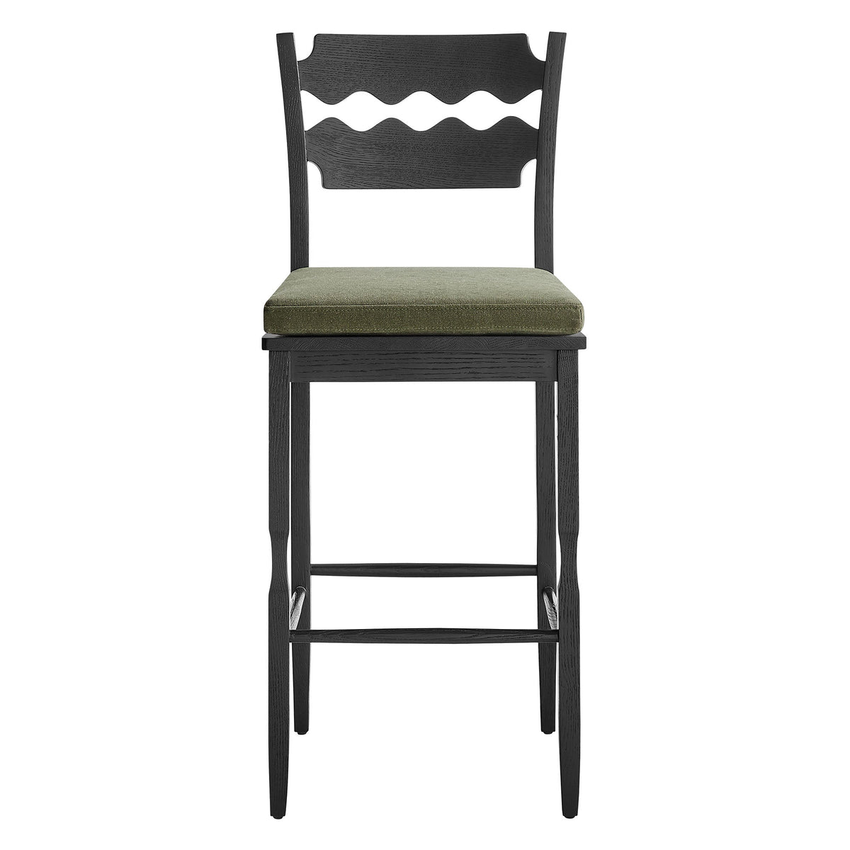 Jax Oak Wood Bar Stool With Wavy Razor Back and Cushion