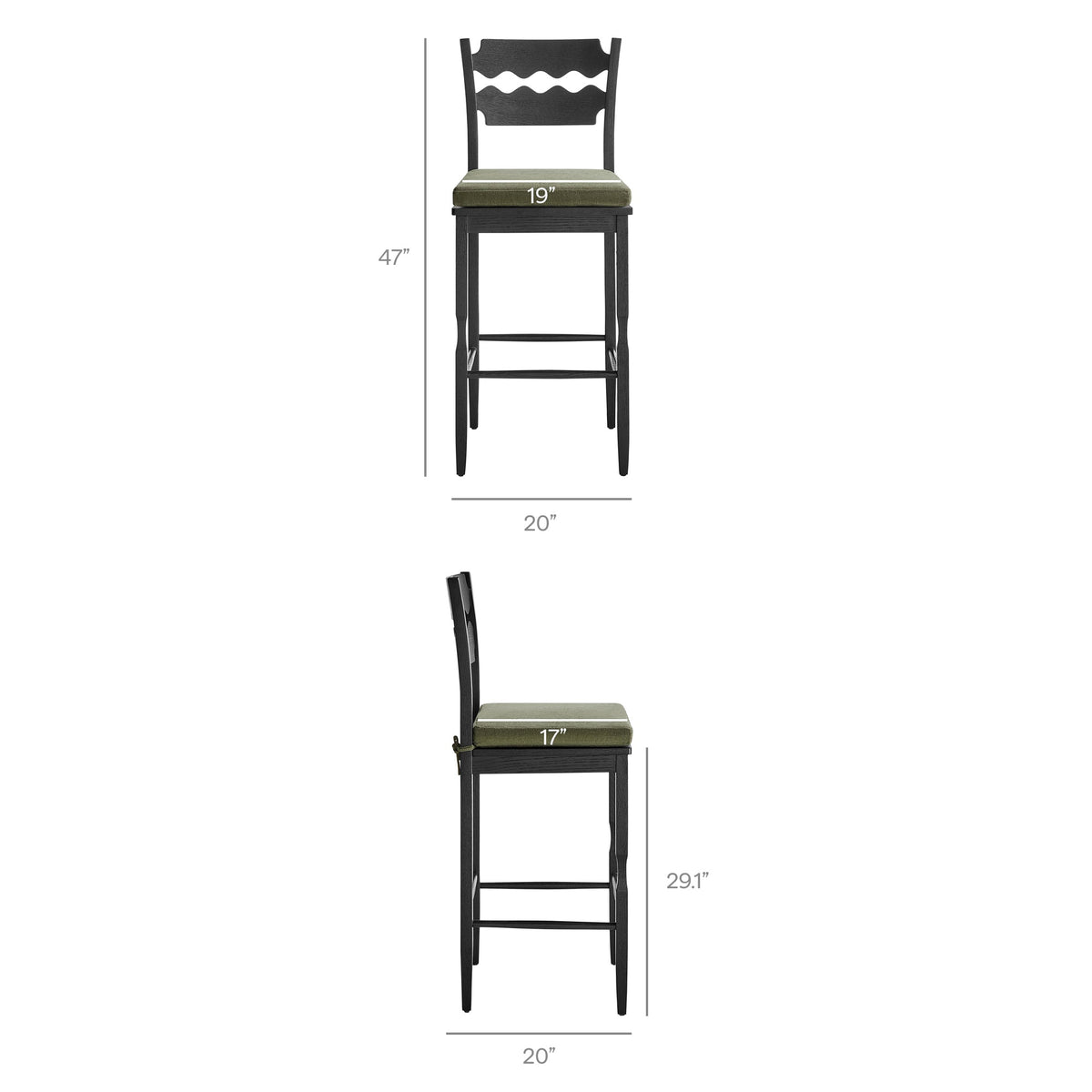Jax Oak Wood Bar Stool With Wavy Razor Back and Cushion