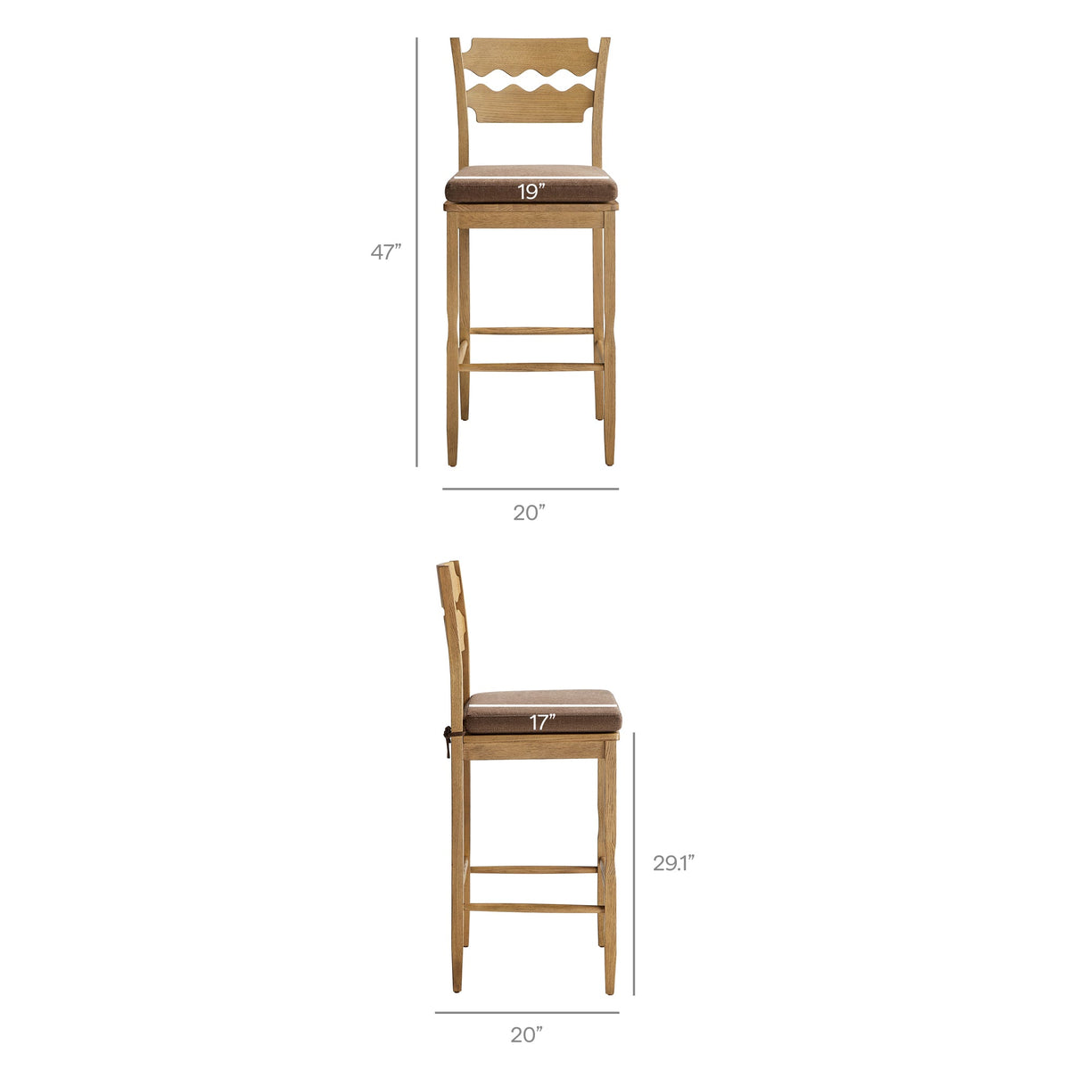 Jax Oak Wood Bar Stool With Wavy Razor Back and Cushion