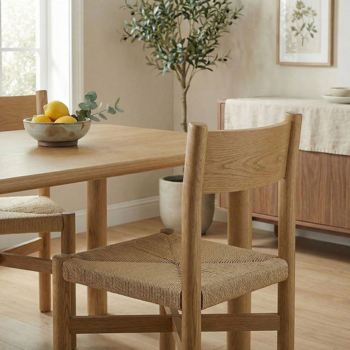 Alvia Oak Wood Dining Side Chair With Woven Seat