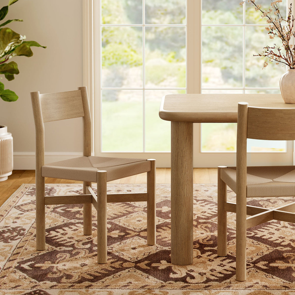 Alvia Oak Wood Dining Side Chair With Woven Seat