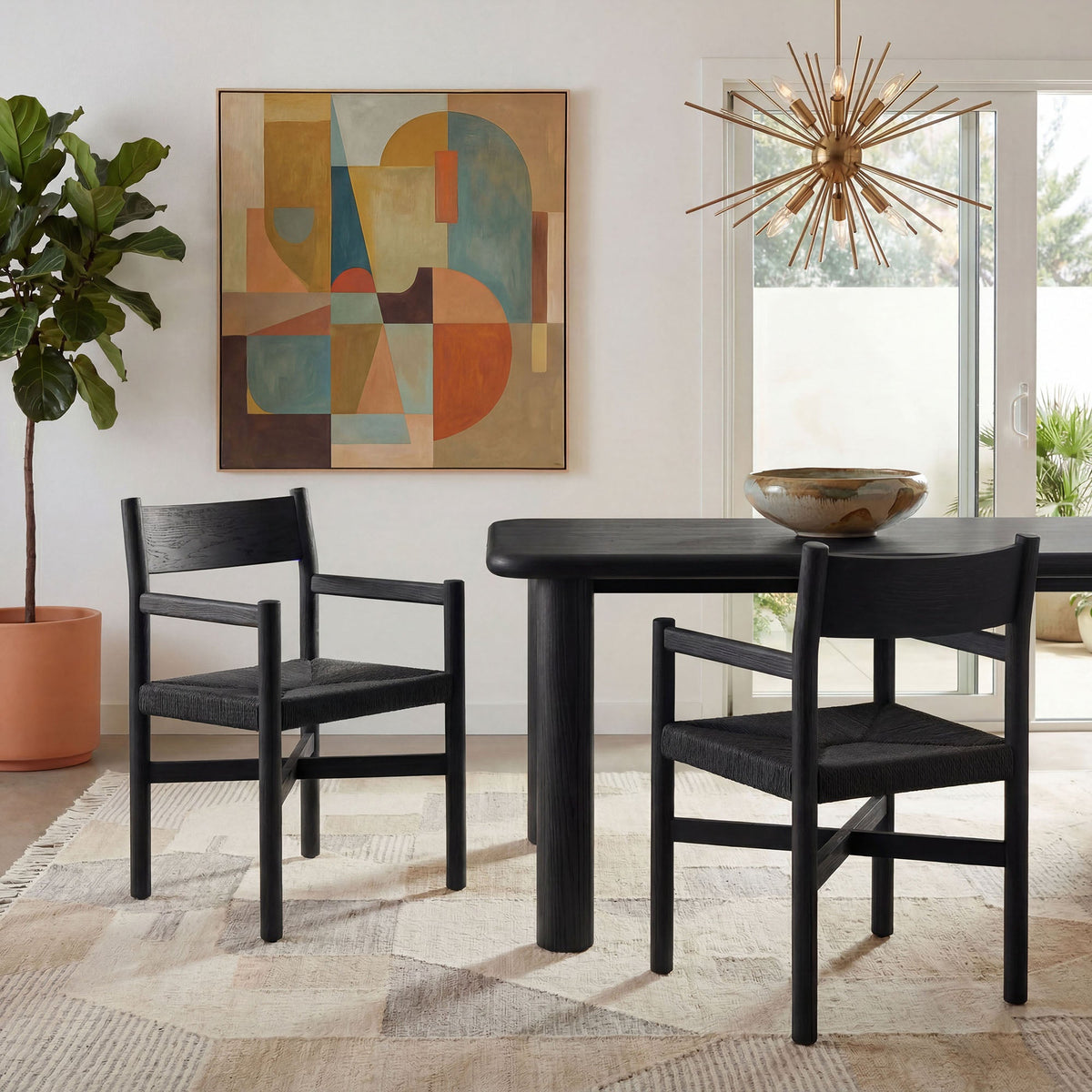 Alvia Oak Wood Dining Armchairs With Woven Seats Set of 2