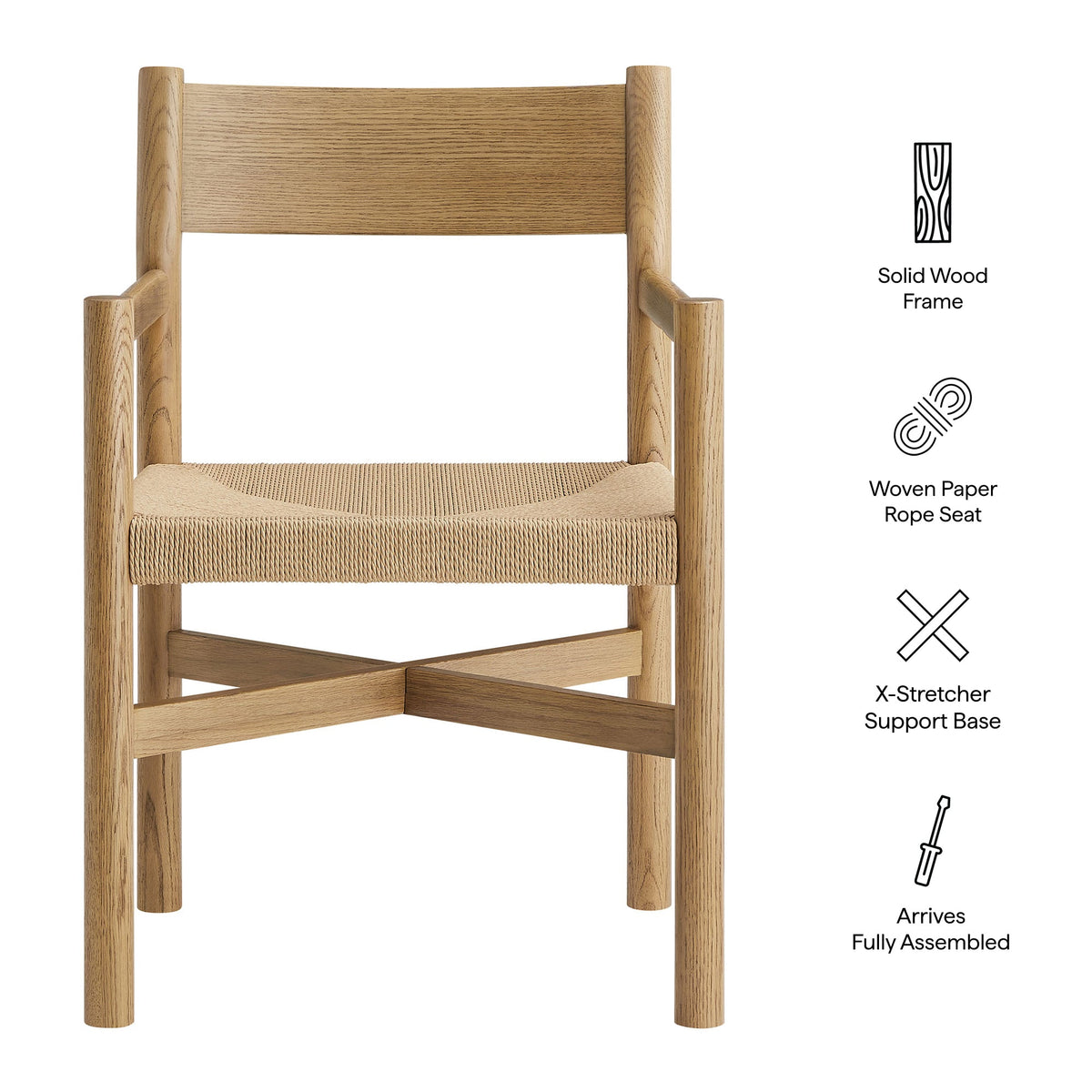 Alvia Oak Wood Dining Armchairs With Woven Seats Set of 2