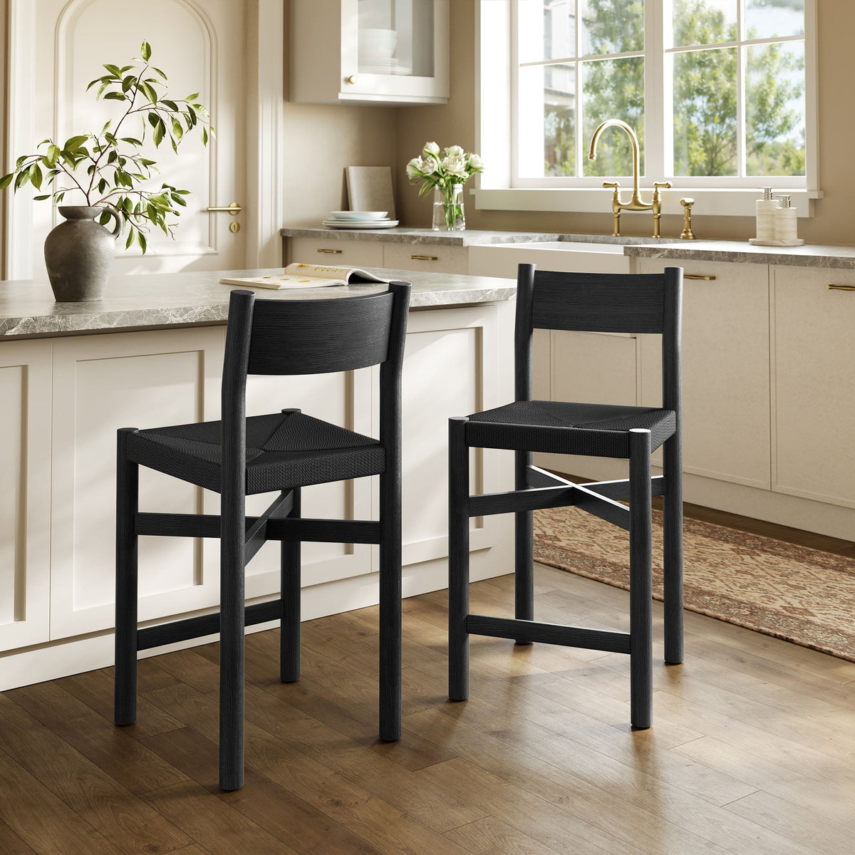Alvia Oak Wood Counter Stools With Woven Seats Set of 2