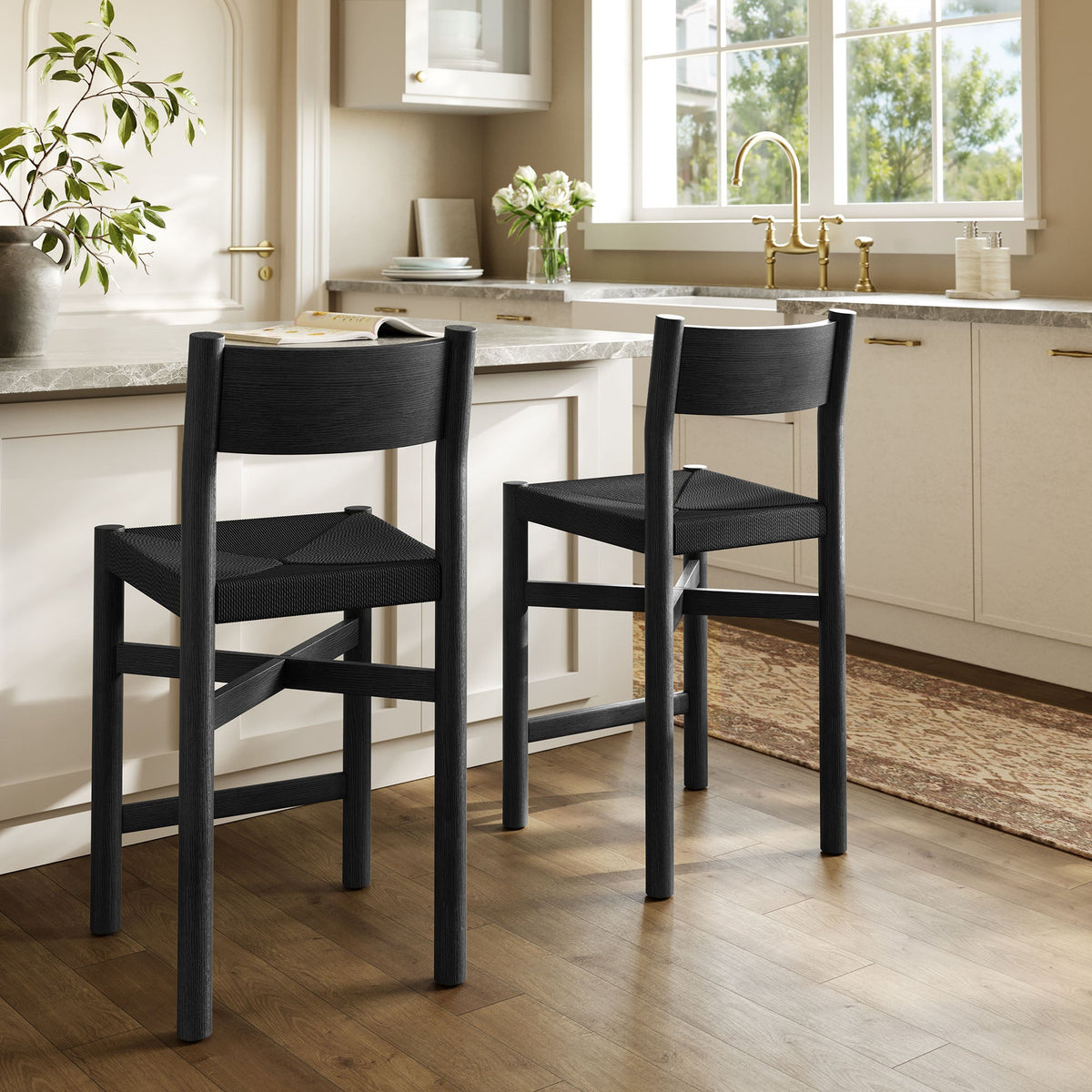 Alvia Oak Wood Counter Stools With Woven Seats Set of 2