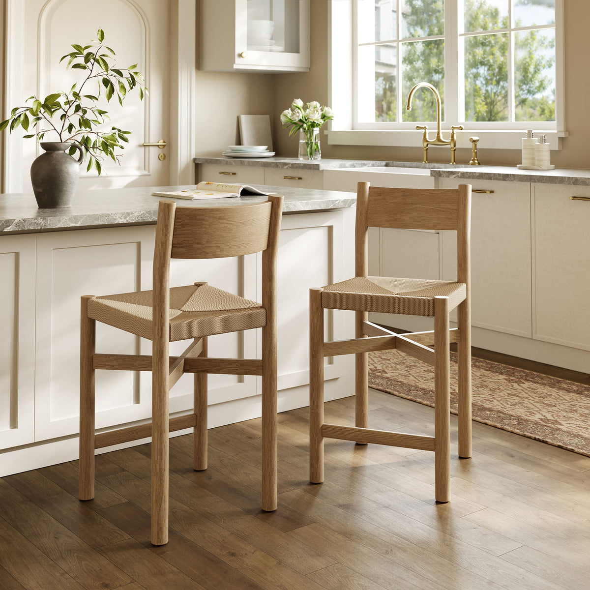 Alvia Oak Wood Counter Stools With Woven Seats Set of 2