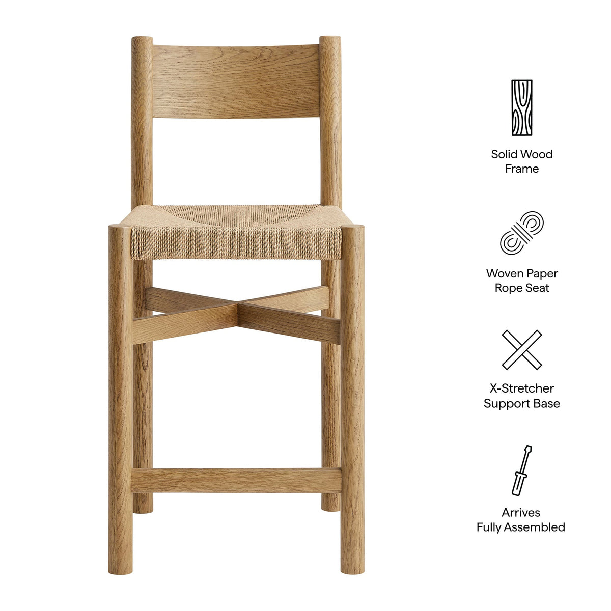 Alvia Oak Wood Counter Stools With Woven Seats Set of 2