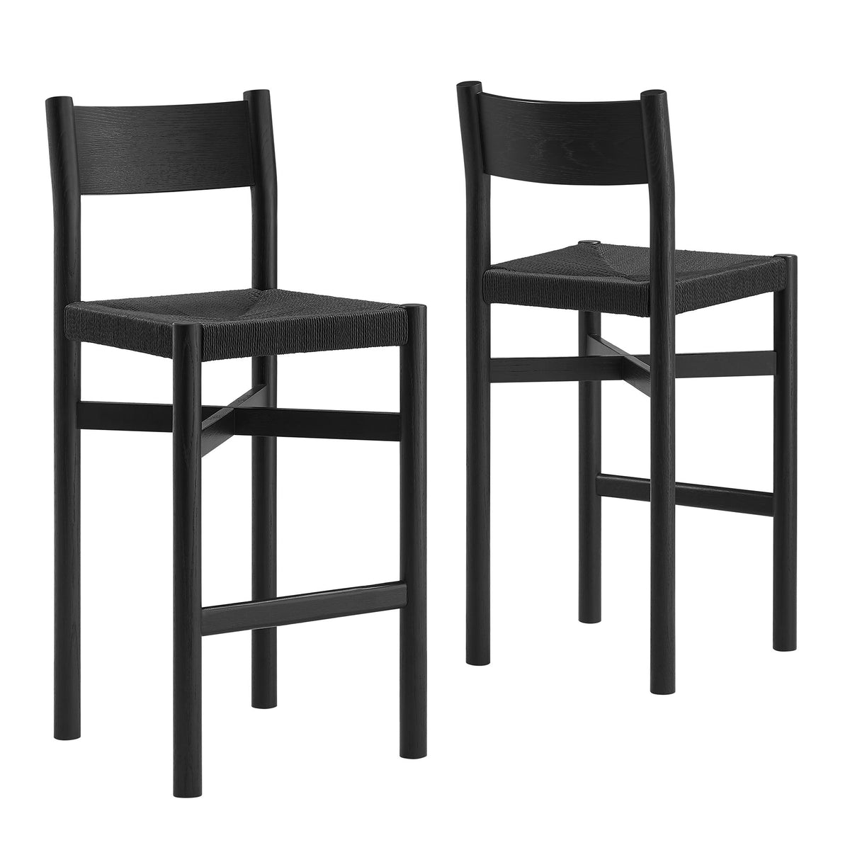Alvia Oak Wood Bar Stools With Woven Seats Set of 2