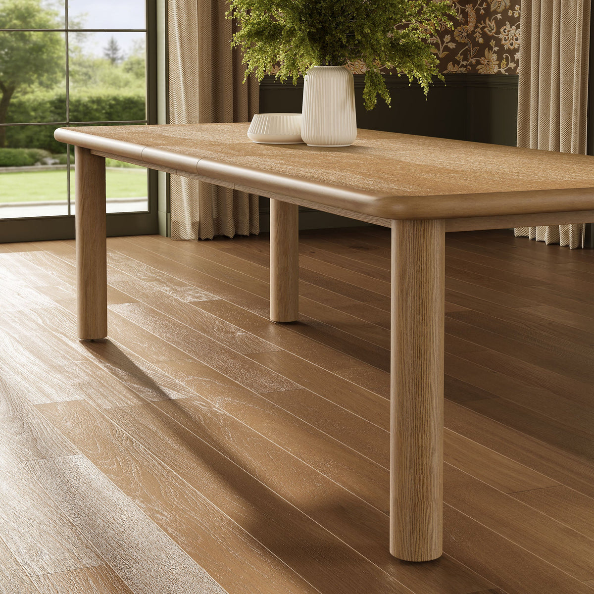 Alvia 86"–105" Extendable Rectangular Oak Wood Dining Table