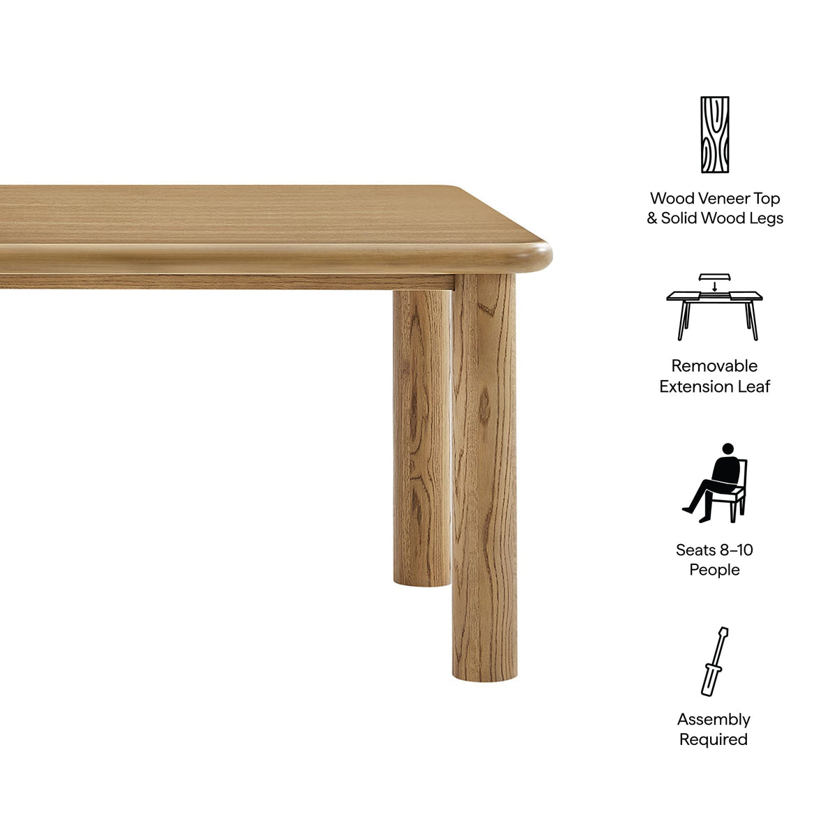 Alvia 86"–105" Extendable Rectangular Oak Wood Dining Table