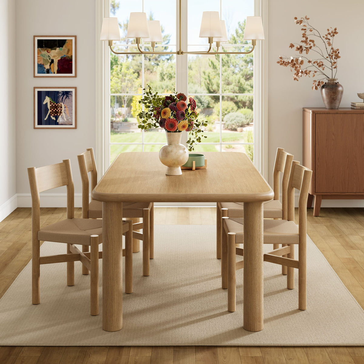 Alvia 5-Piece Oak Wood Dining Table and Chairs Set