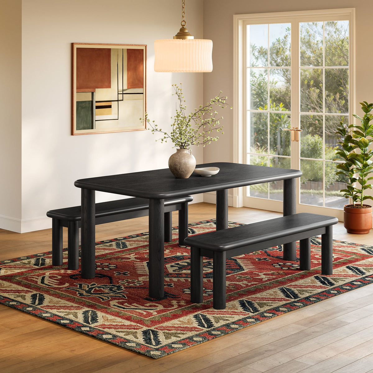 Alvia 3-Piece Oak Wood Dining Table and Benches Set - view 8