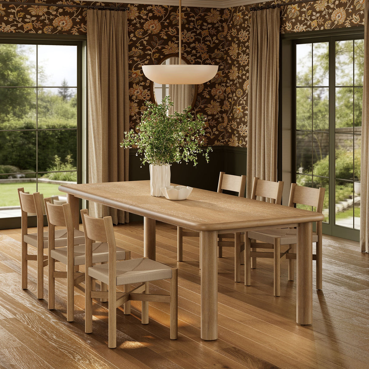 Alvia 7-Piece Oak Wood Extendable Dining Table and Chairs Set