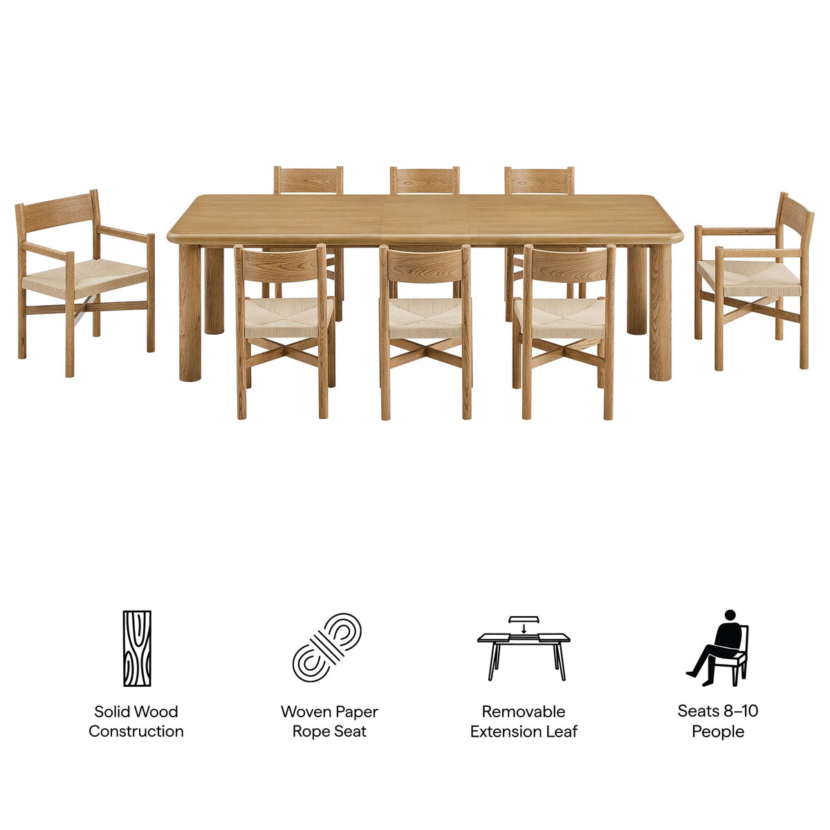 Alvia 9-Piece Oak Wood Extendable Dining Table and Chairs Set