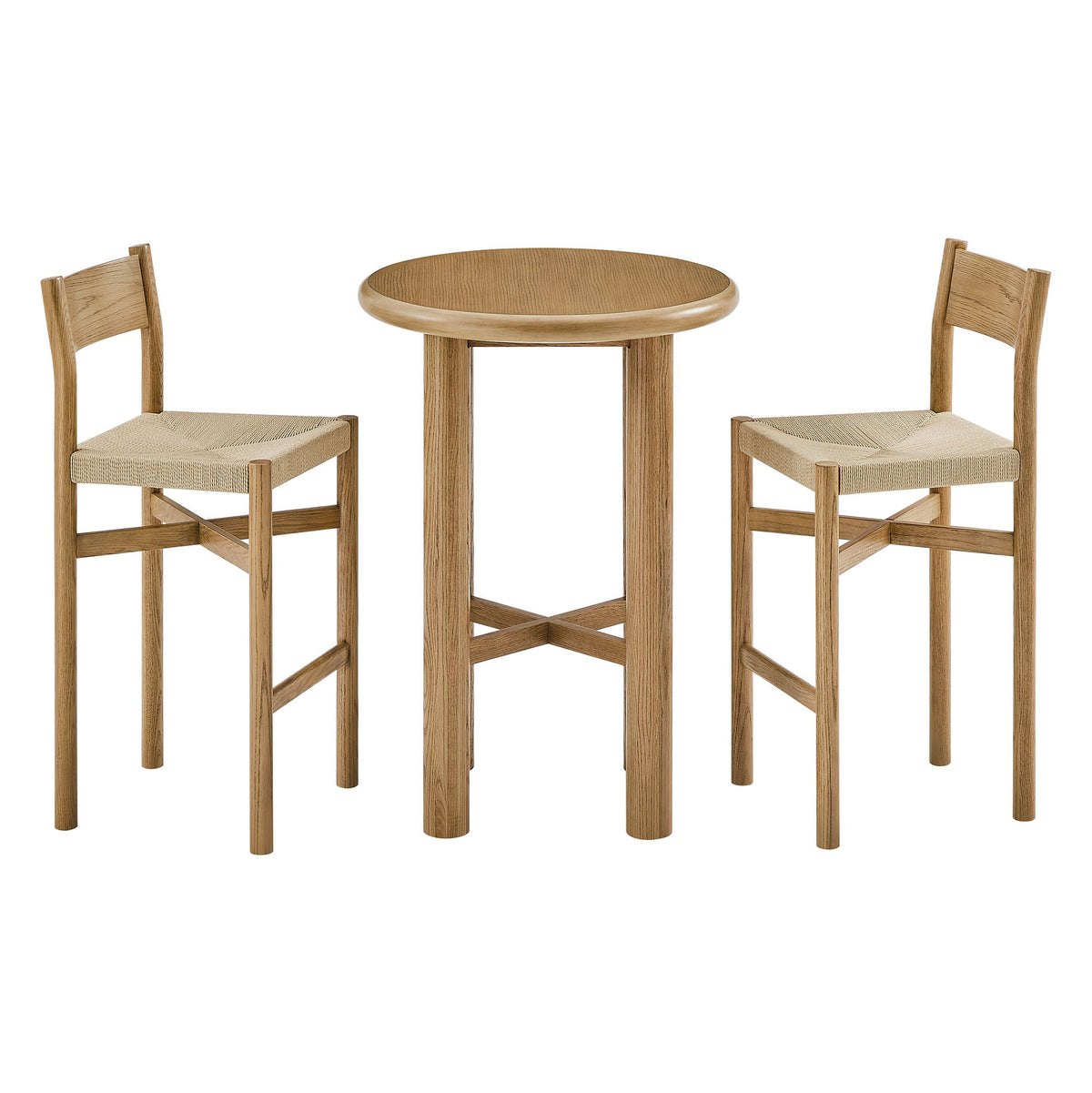 Alvia 3-Piece Round Oak Wood Bar Table With Bar Stools Set