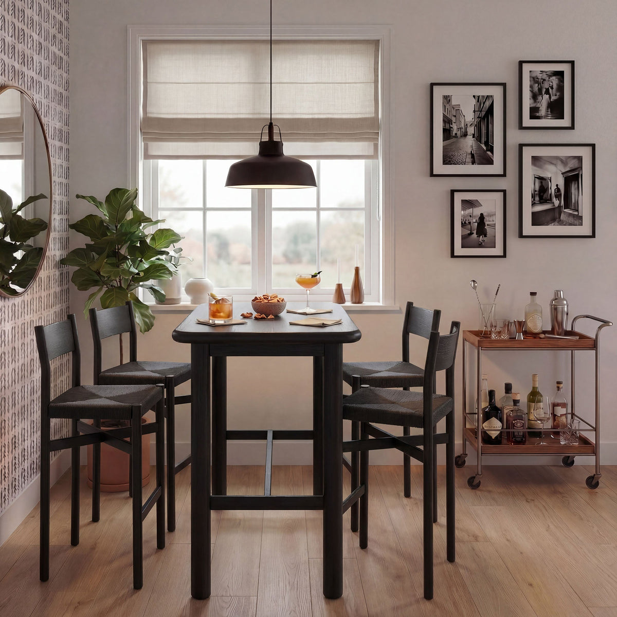 Alvia 5-Piece Rectangular Oak Wood Bar Table With Bar Stools Set