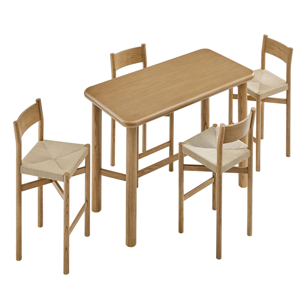Alvia 5-Piece Rectangular Oak Wood Bar Table With Bar Stools Set