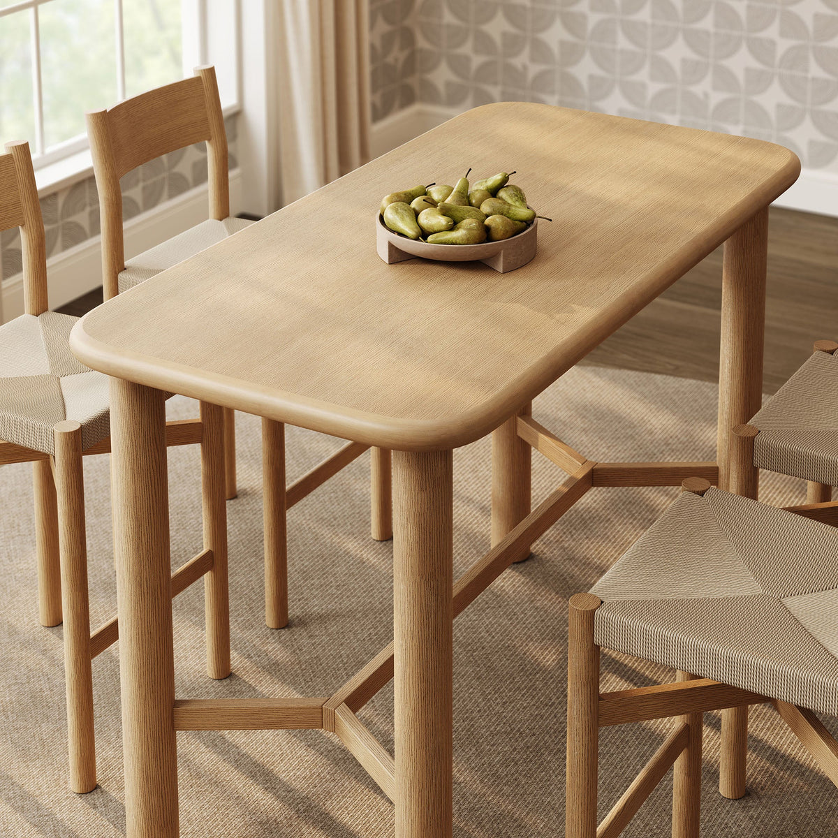 Alvia 5-Piece Rectangular Oak Wood Bar Table With Bar Stools Set