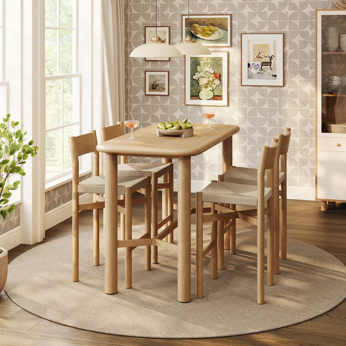 Alvia 5-Piece Rectangular Oak Wood Bar Table With Bar Stools Set