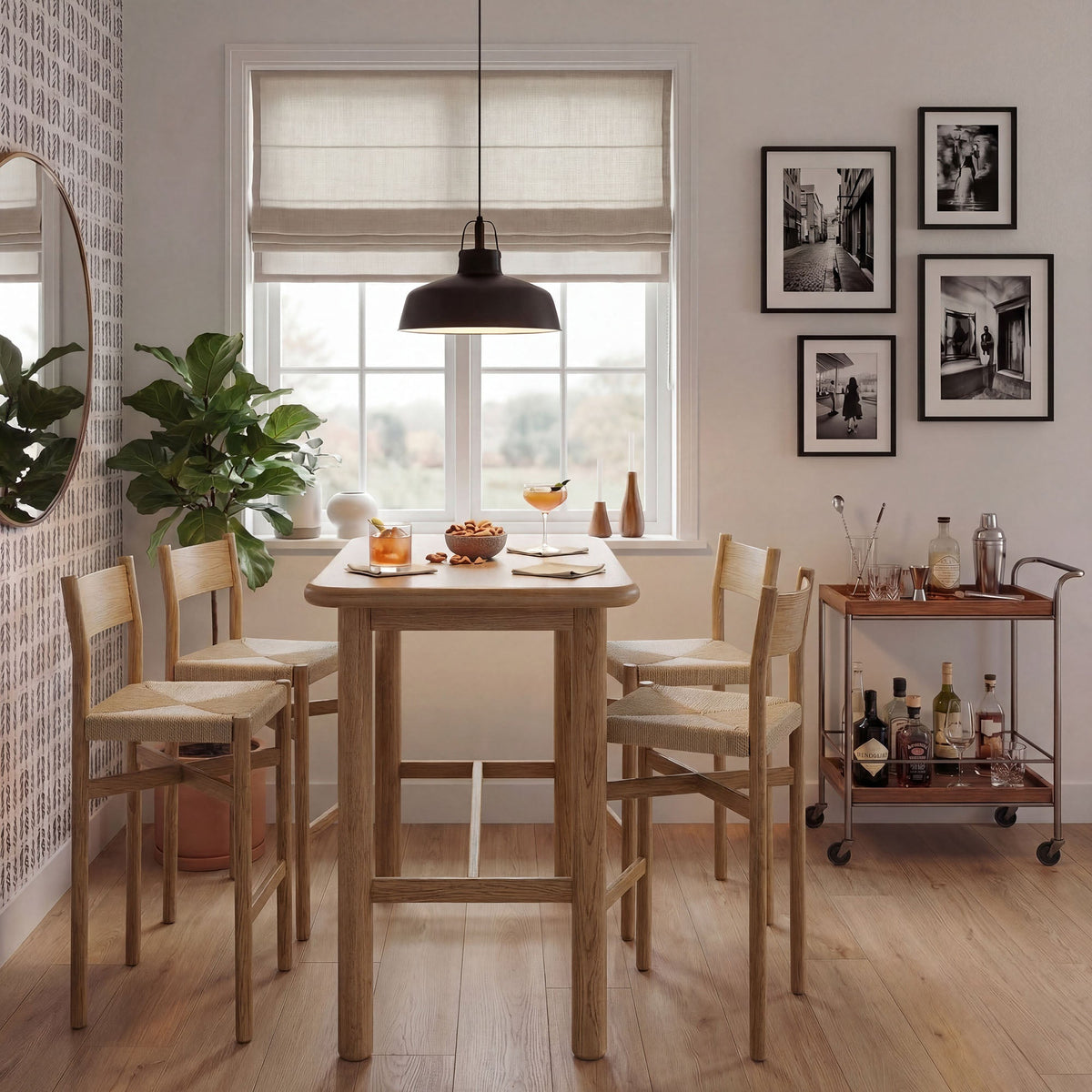 Alvia 5-Piece Rectangular Oak Wood Bar Table With Bar Stools Set