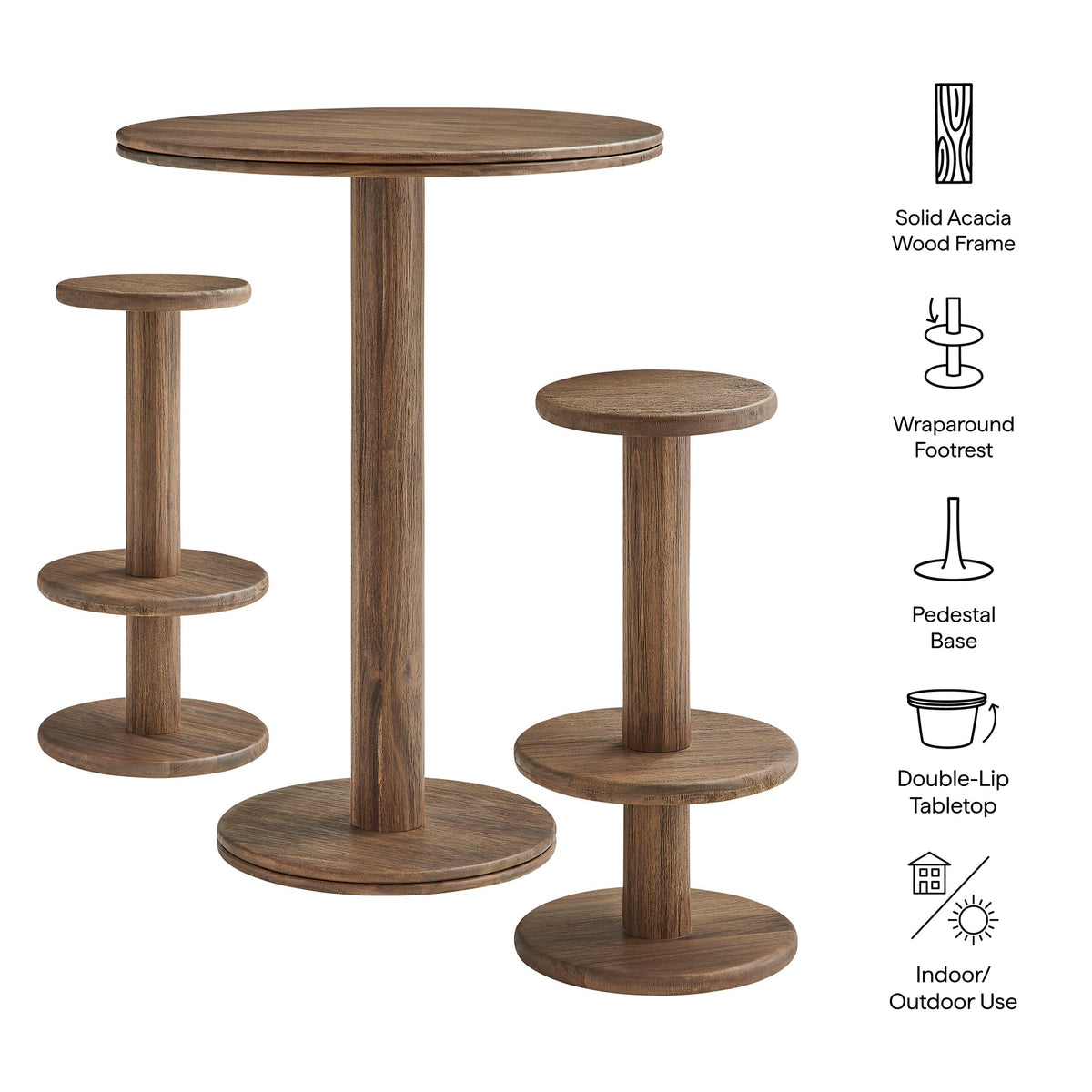 Neo 3-Piece Round Indoor - Outdoor Patio Wood Bar Table And Stool Set