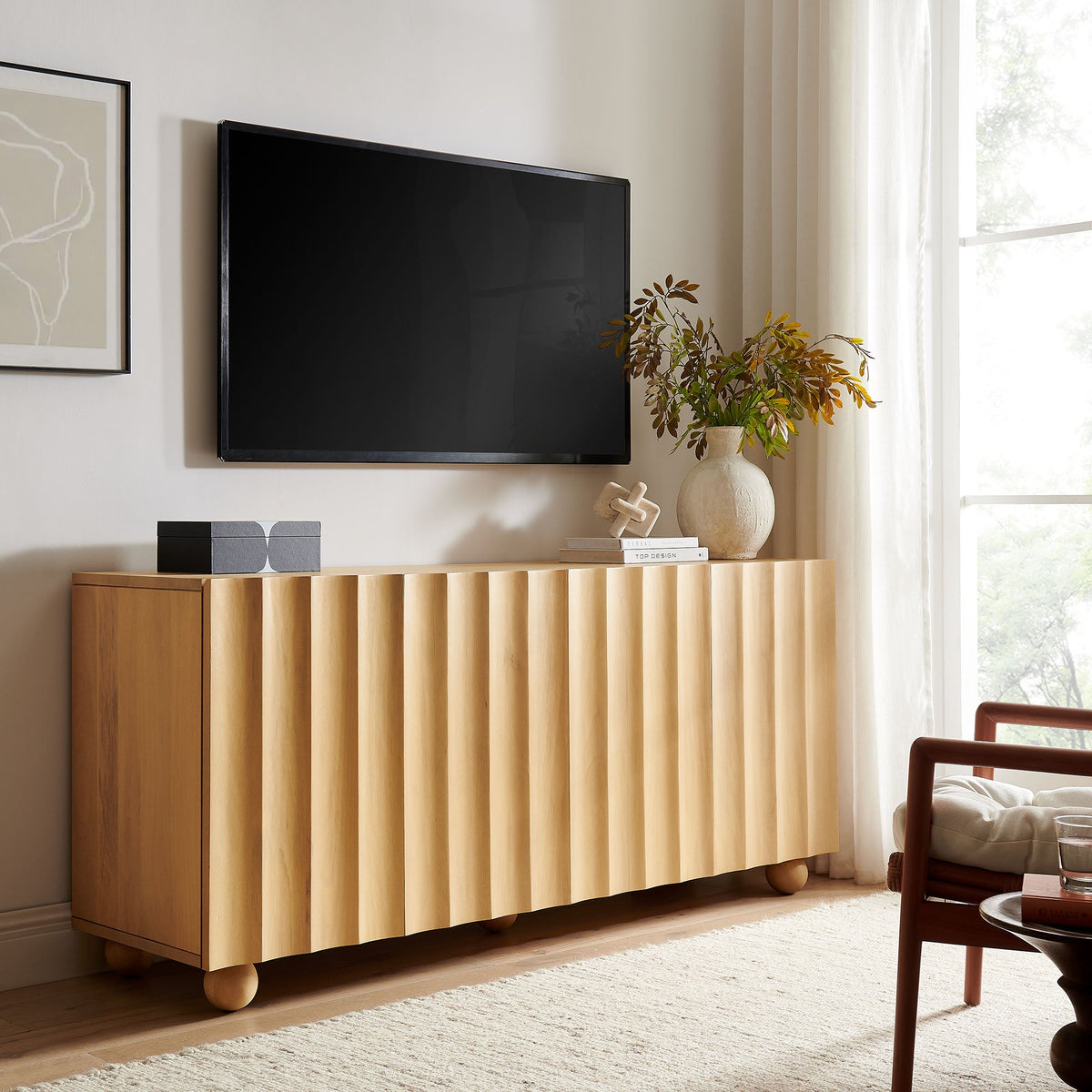 Sorren 72 Inch Scalloped Wood 4-Door Sideboard