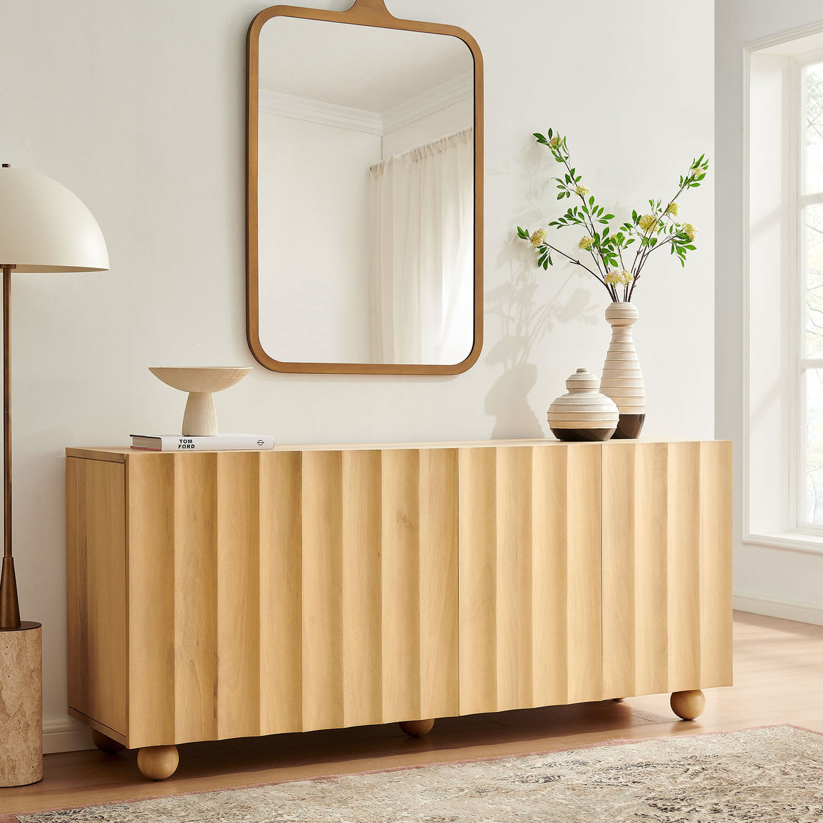 Sorren 72 Inch Scalloped Wood 4-Door Sideboard