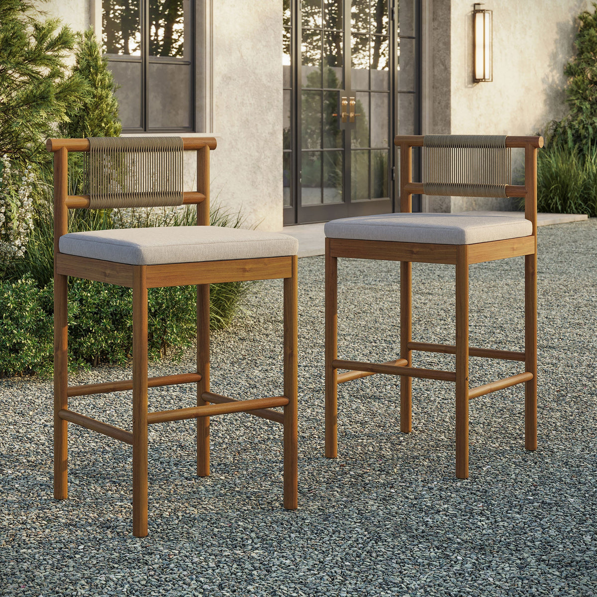 Eleni Outdoor Teak Wood Bar Stools Set of 2
