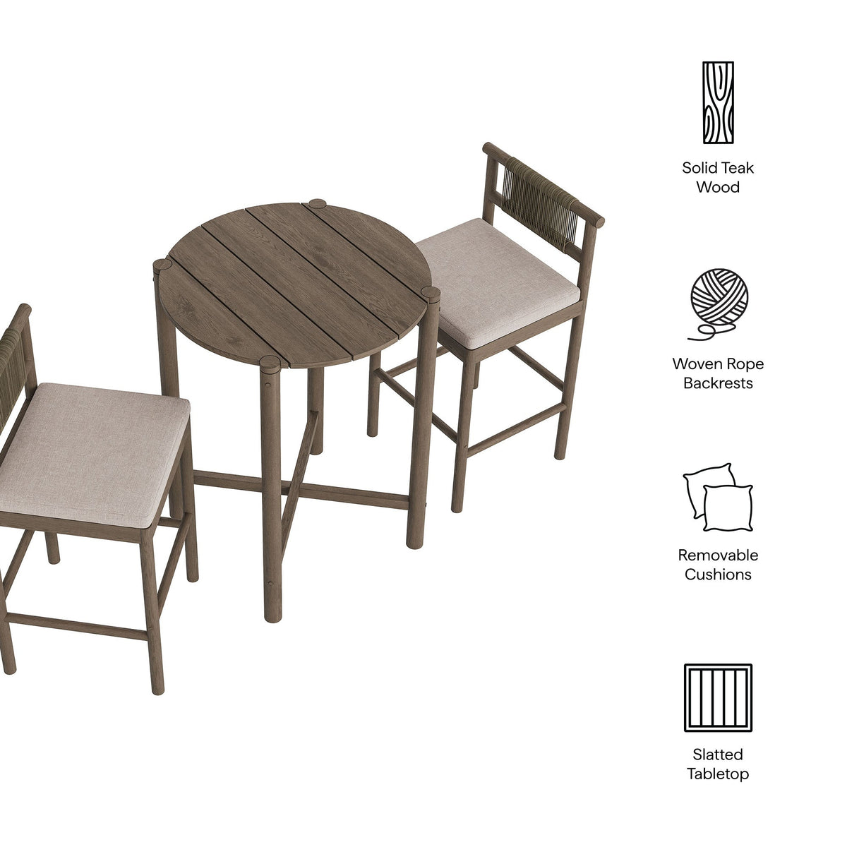 Eleni 3-Piece Outdoor Teak Wood Bar Set