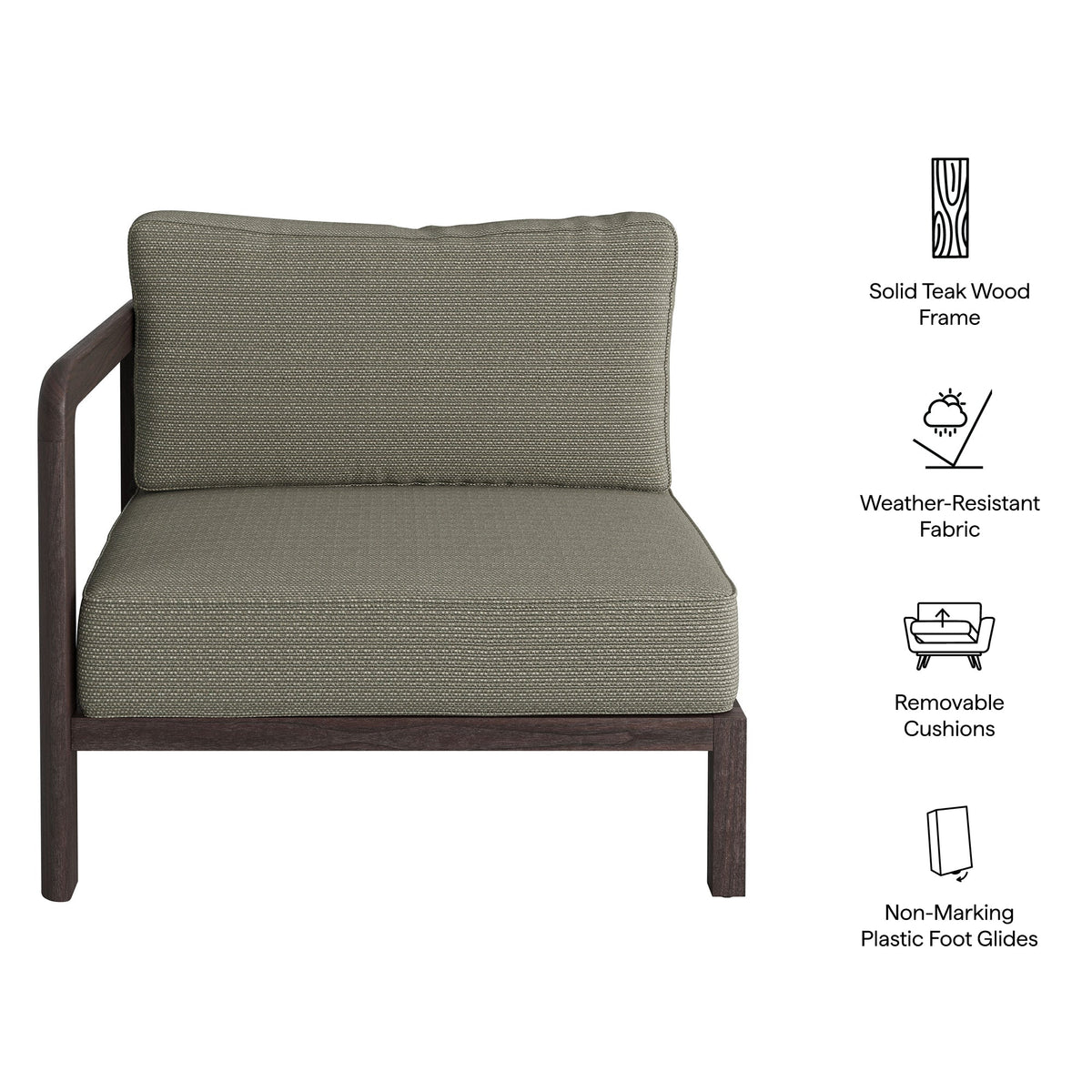 Kona Outdoor Teak Wood Left-Arm Facing Modular Armchair