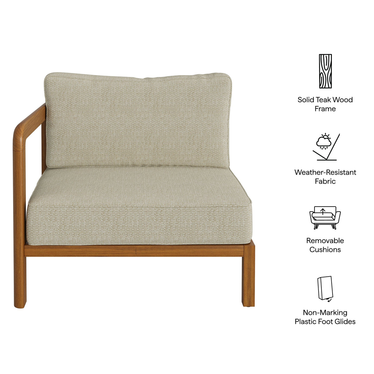 Kona Outdoor Teak Wood Left-Arm Facing Modular Armchair