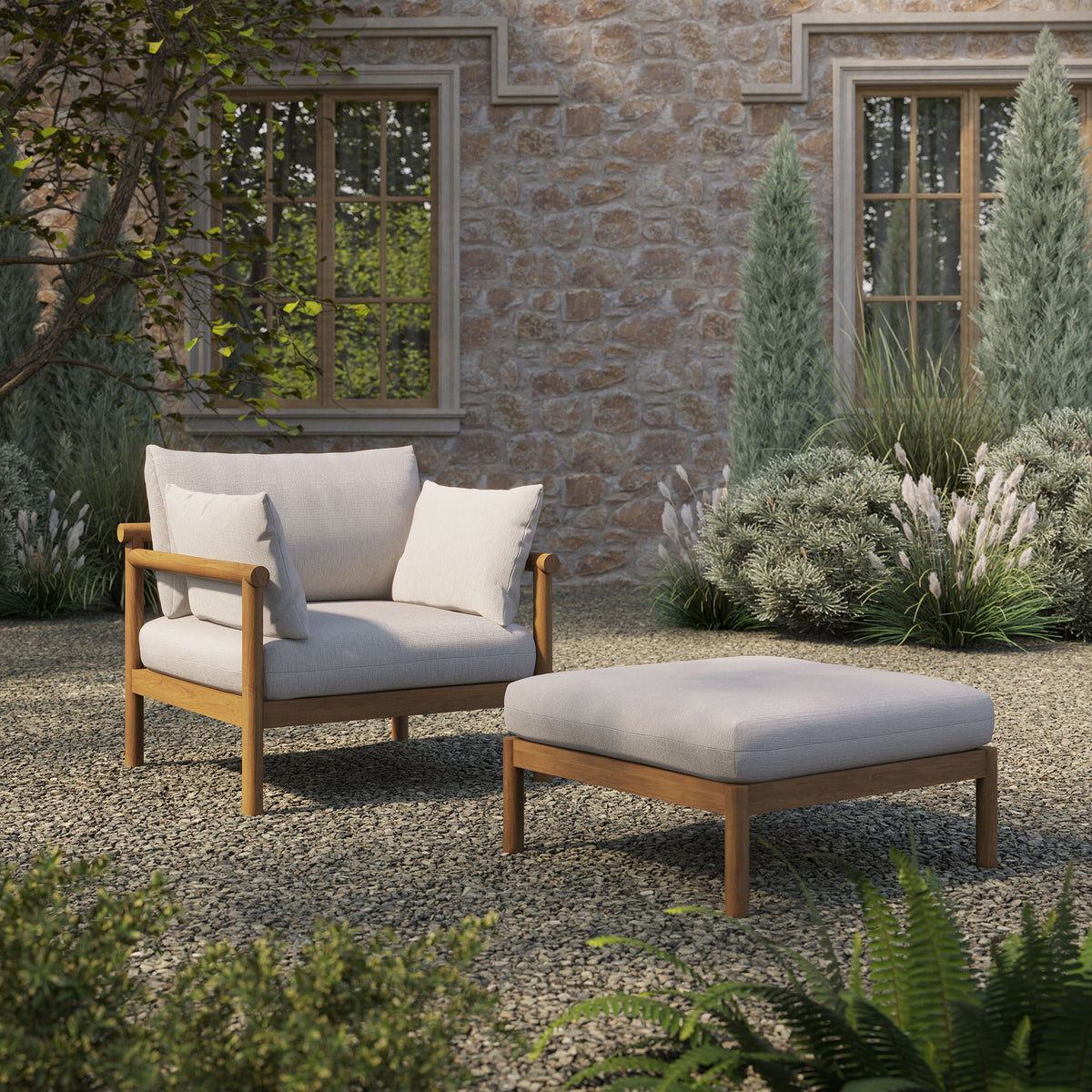 Eleni 2-Piece Outdoor Teak Wood Armchair and Ottoman Set