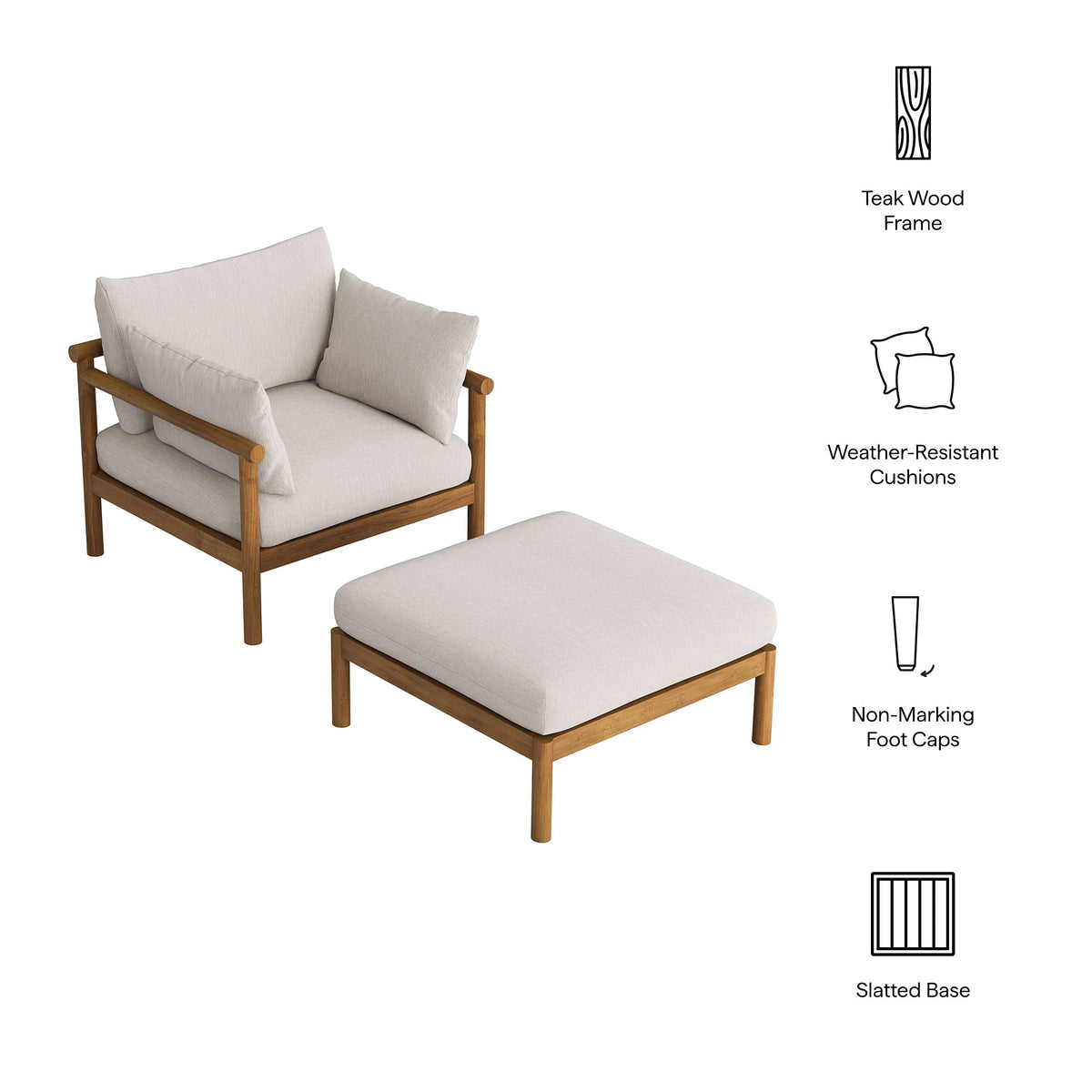 Eleni 2-Piece Outdoor Teak Wood Armchair and Ottoman Set