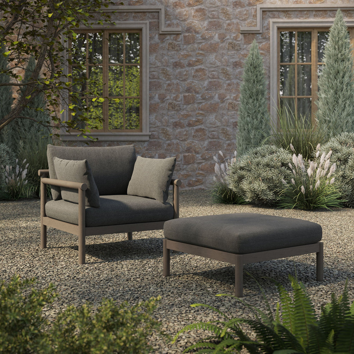 Eleni 2-Piece Outdoor Teak Wood Armchair and Ottoman Set