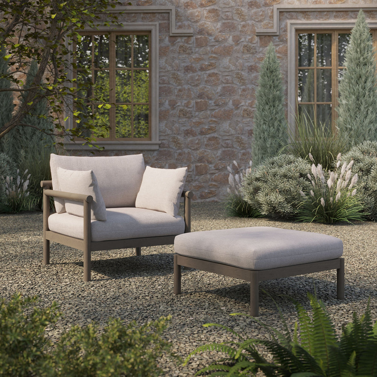 Eleni 2-Piece Outdoor Teak Wood Armchair and Ottoman Set