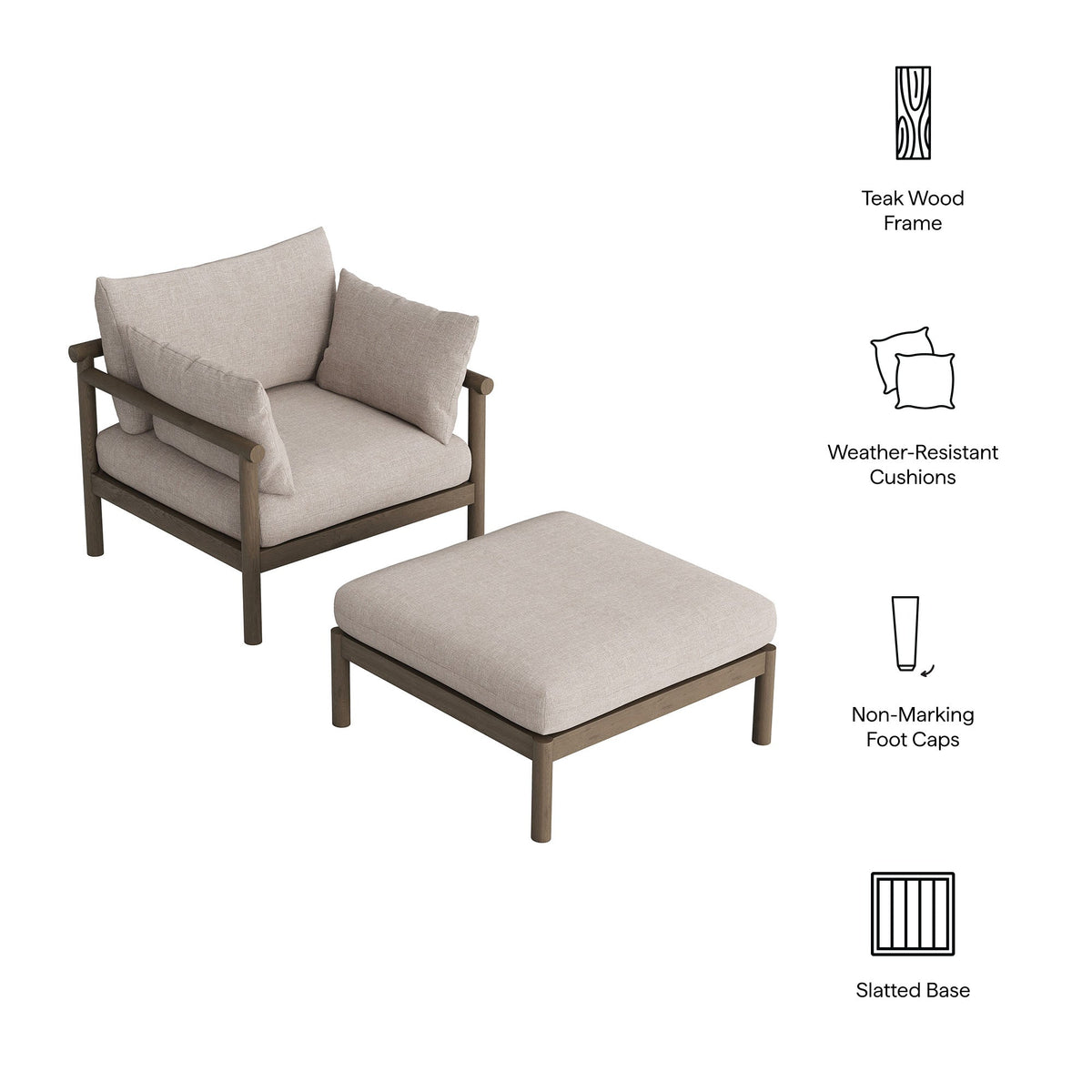 Eleni 2-Piece Outdoor Teak Wood Armchair and Ottoman Set
