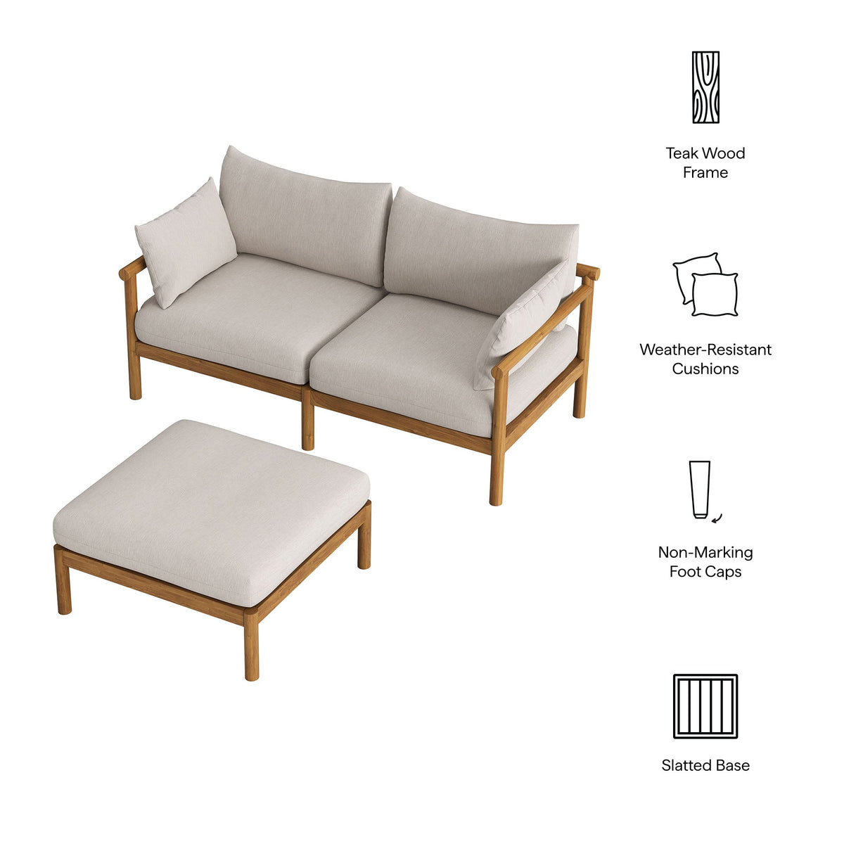 Eleni 2-Piece Outdoor Teak Wood Loveseat with Ottoman Set