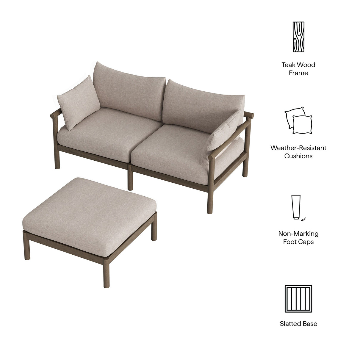 Eleni 2-Piece Outdoor Teak Wood Loveseat with Ottoman Set