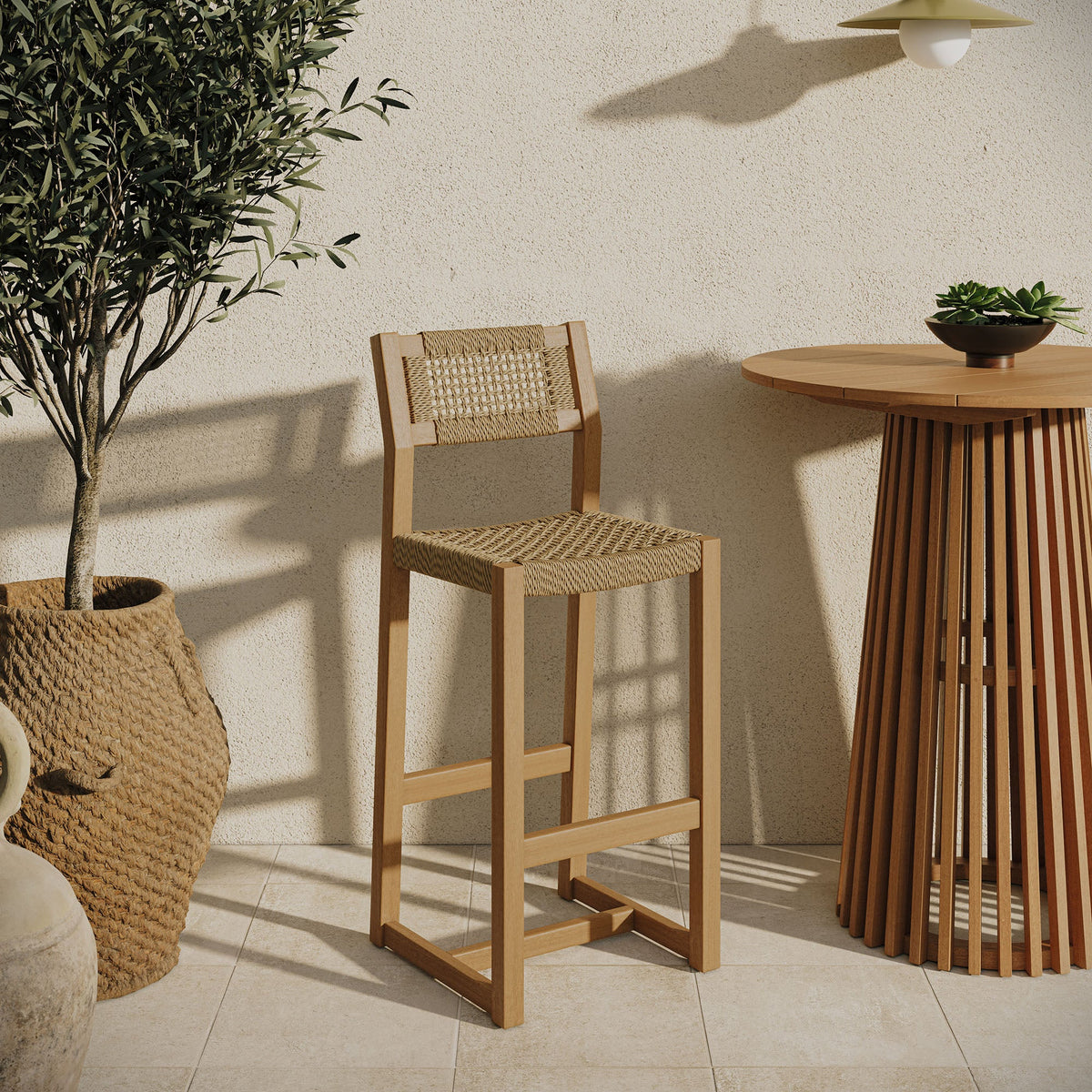Reed 44 Inch Outdoor Outdoor Teak Wood Rattan Bar Stool