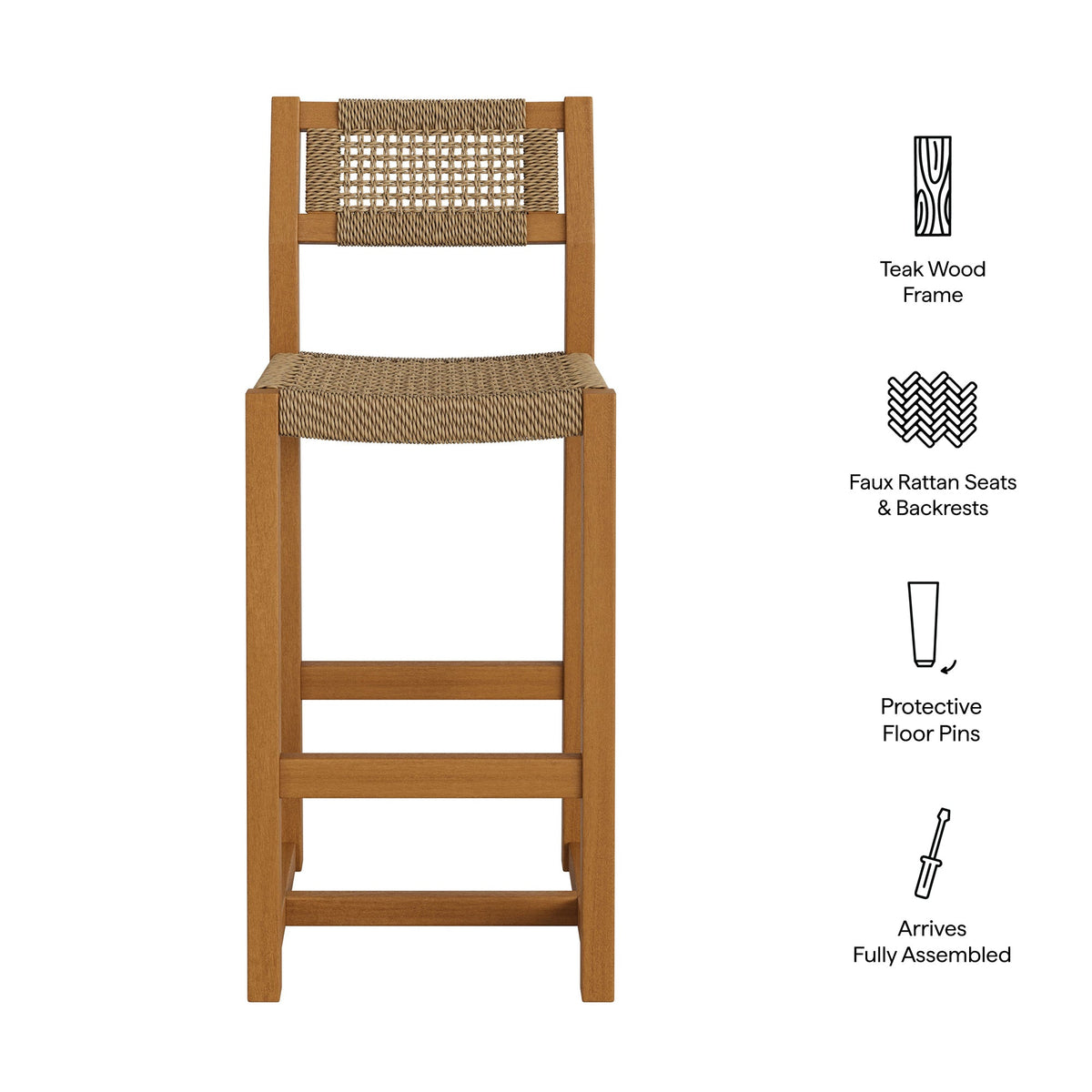 Reed 44 Inch Outdoor Outdoor Teak Wood Rattan Bar Stool