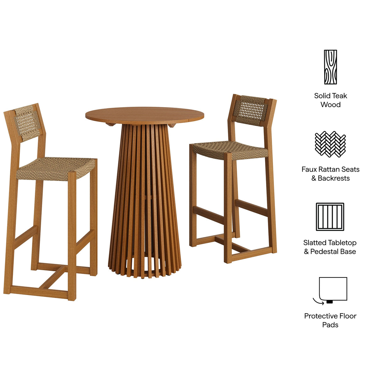 Reed 3-Piece Outdoor Teak Wood Bar Set