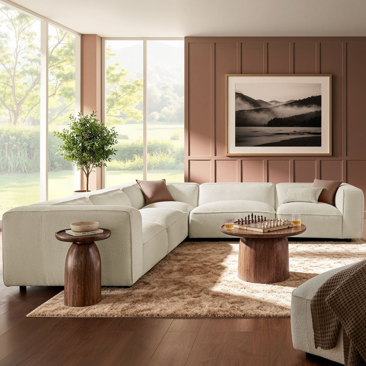 Auren 5 Piece Lattice Bouclé Upholstered Modular Corner Sectional, Cream - view 3