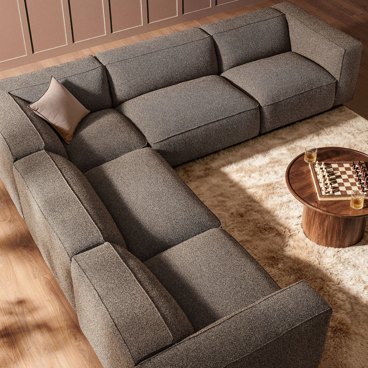 Auren 5 Piece Lattice Bouclé Upholstered Modular Corner Sectional, Earth - view 2