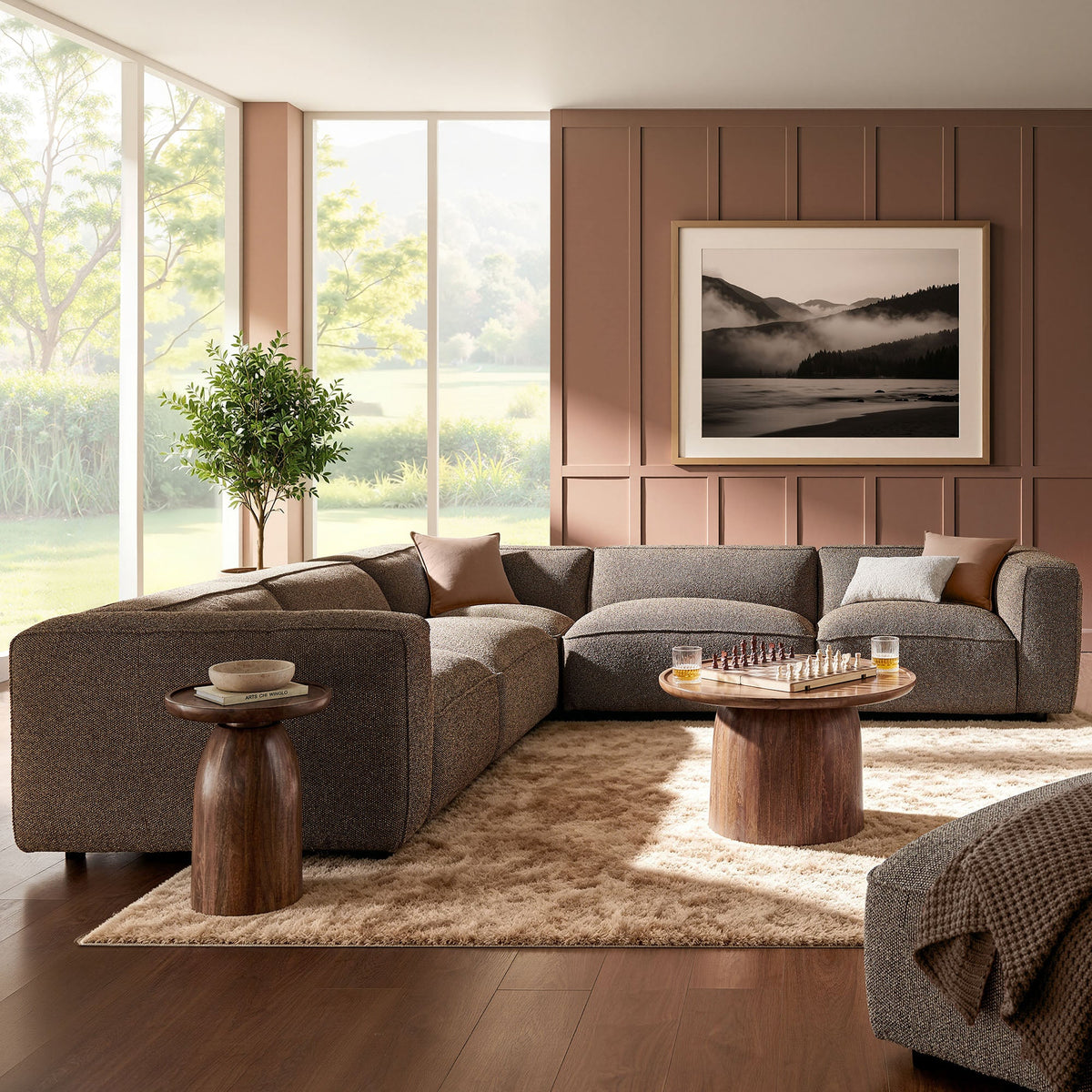 Auren 5 Piece Lattice Bouclé Upholstered Modular Corner Sectional, Earth - view 3