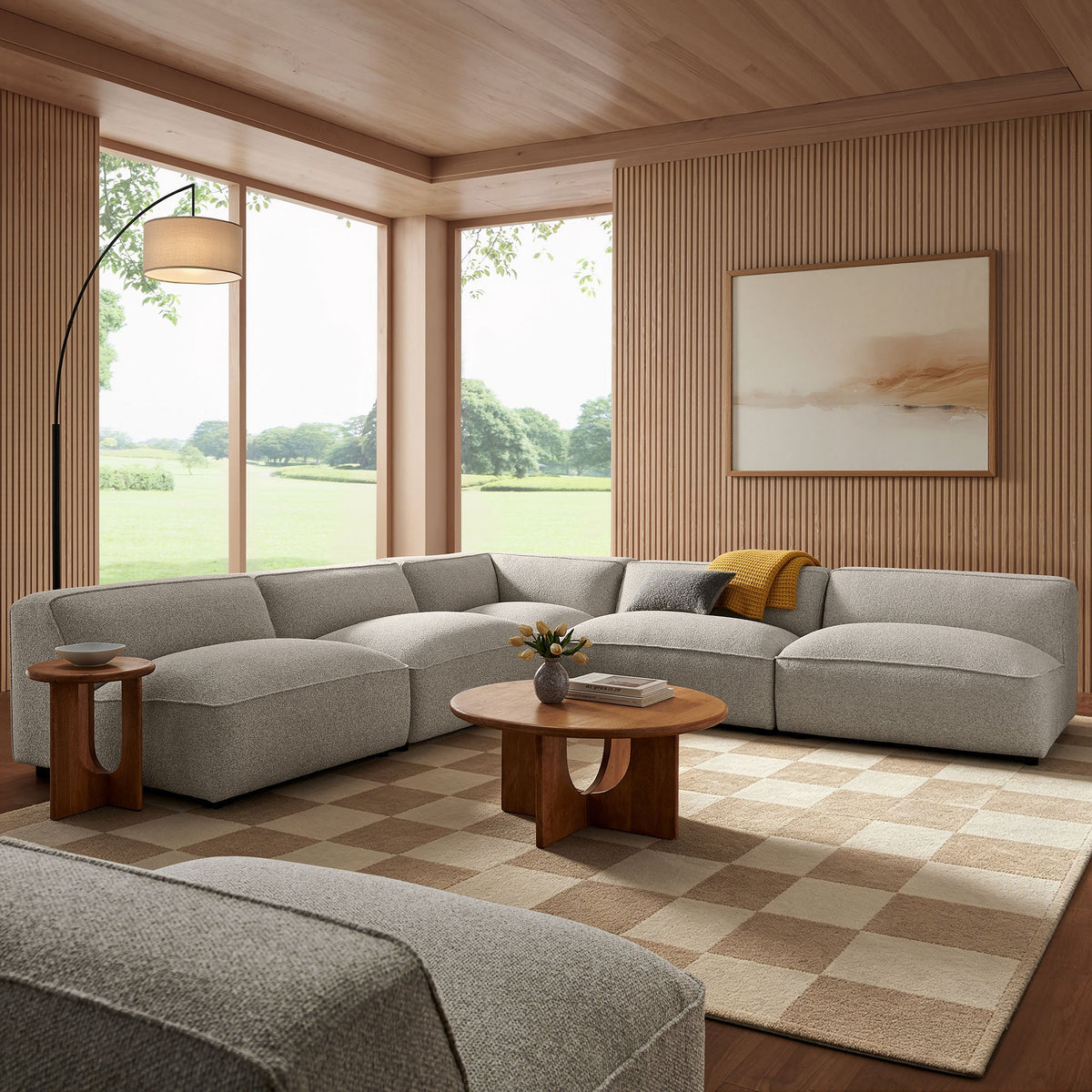 Auren 5 Piece Lattice Bouclé Upholstered Modular Corner Sectional, Fog - view 3