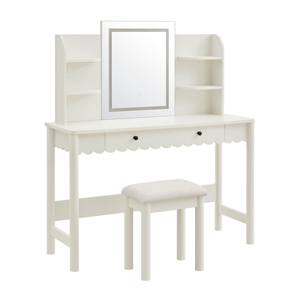 Emmeline Scalloped Makeup Vanity Desk With LED Mirror and Stool