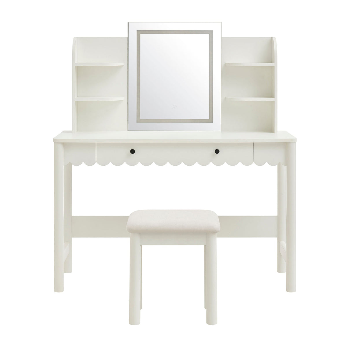 Emmeline Scalloped Makeup Vanity Desk With LED Mirror and Stool