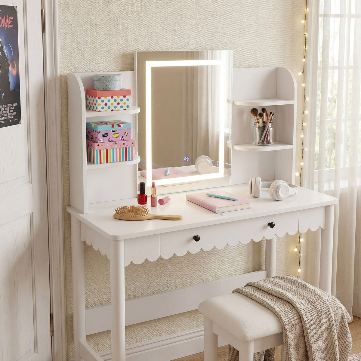 Emmeline Scalloped Makeup Vanity Desk With LED Mirror and Stool