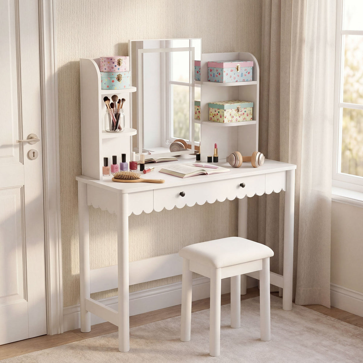 Emmeline Scalloped Makeup Vanity Desk With LED Mirror and Stool