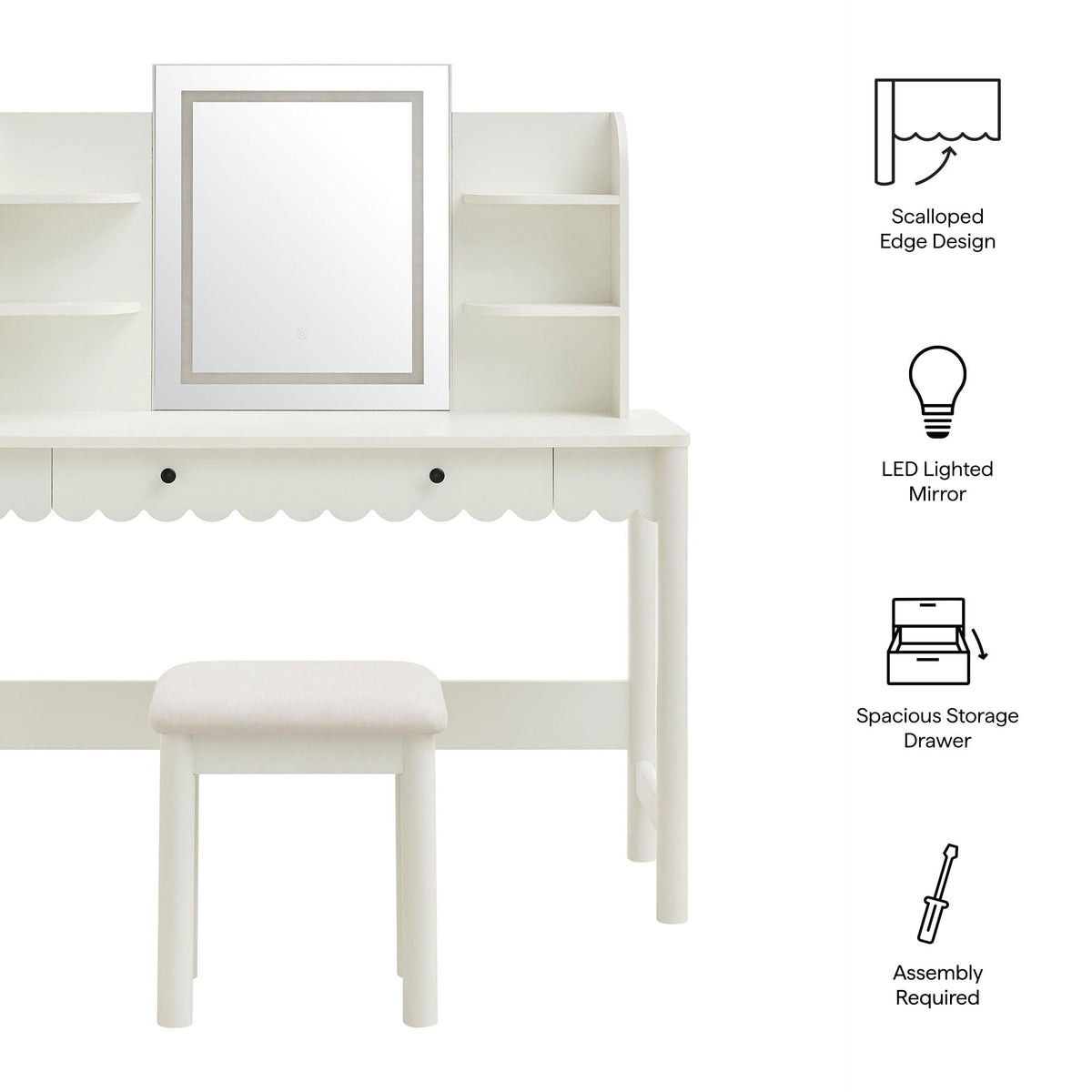 Emmeline Scalloped Makeup Vanity Desk With LED Mirror and Stool